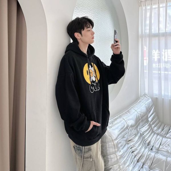 Chill毛巾繡笑臉花朵刷毛帽Tee 