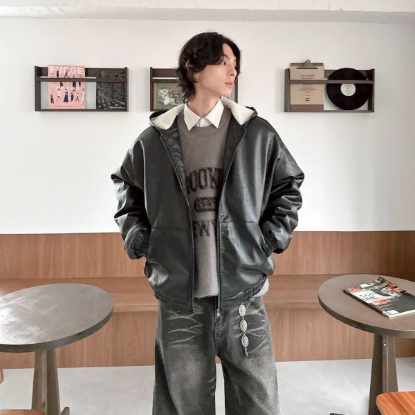 羊羔毛連帽皮外套 