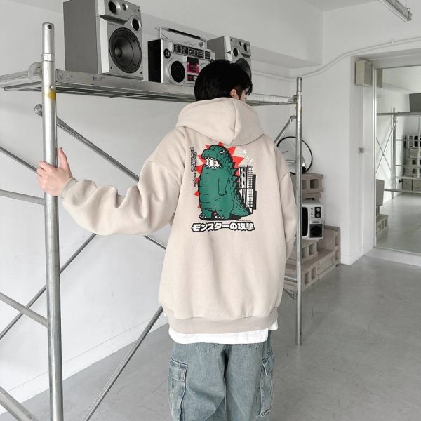 日語恐龍印花刷毛帽Tee 