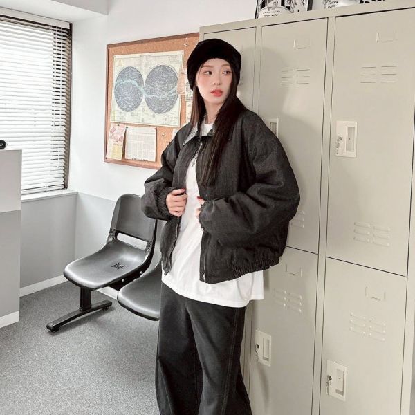 皮革領拼接鋪棉外套 