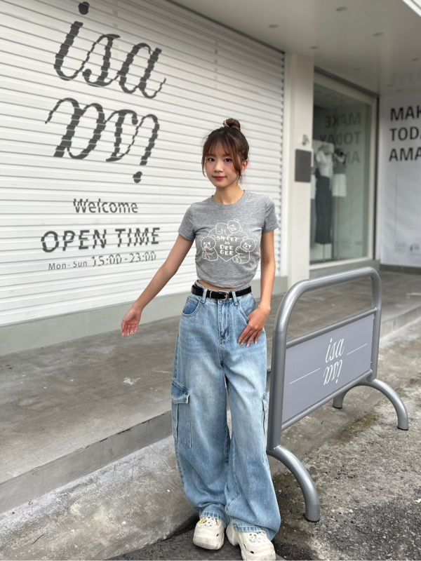 【現貨】側抓皺圓領彈性小熊短版上衣 