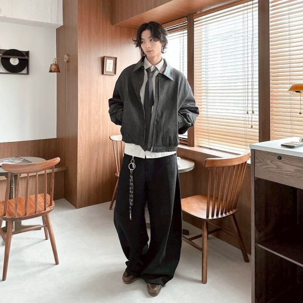 皮革領拼接鋪棉外套 