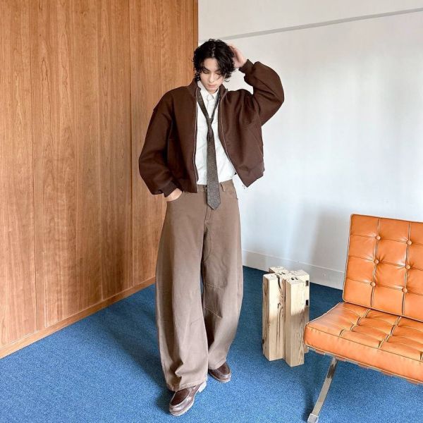 毛呢立領螺紋短版廓型外套 