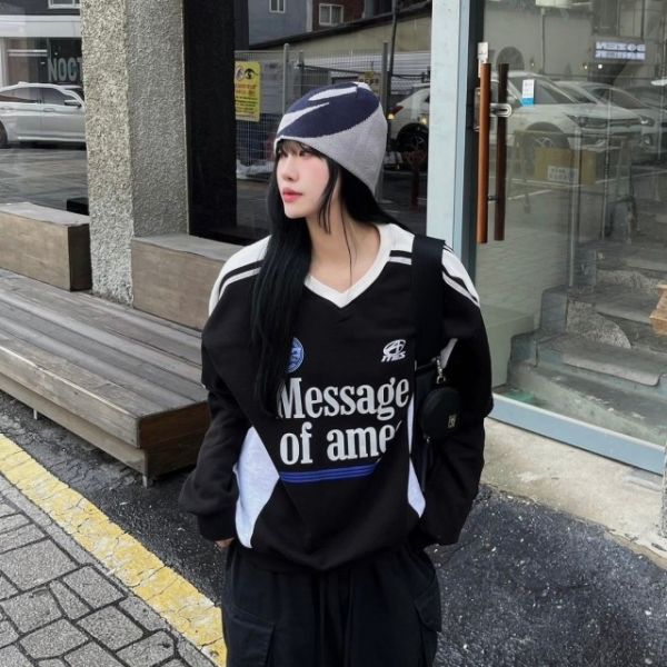 V領拼接織帶衛衣復古美式刷毛大學Tee 