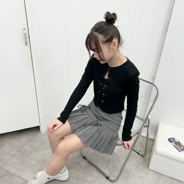【現貨】前抓皺綁帶百褶短裙 