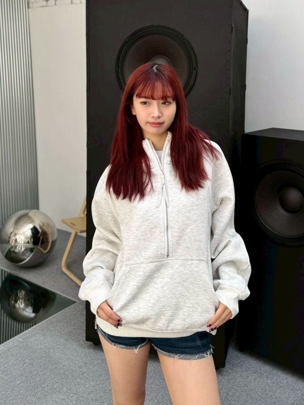 羅紋拼接半開襟連帽Tee 