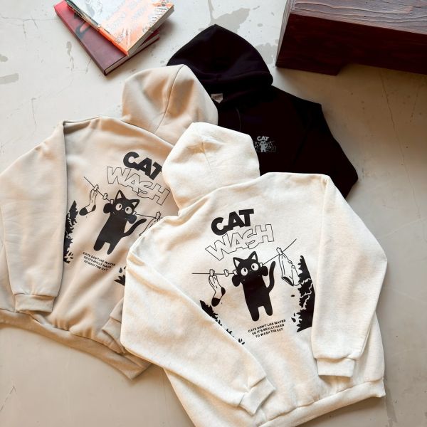 CAT WASH貓咪簍空字刷毛帽Tee 