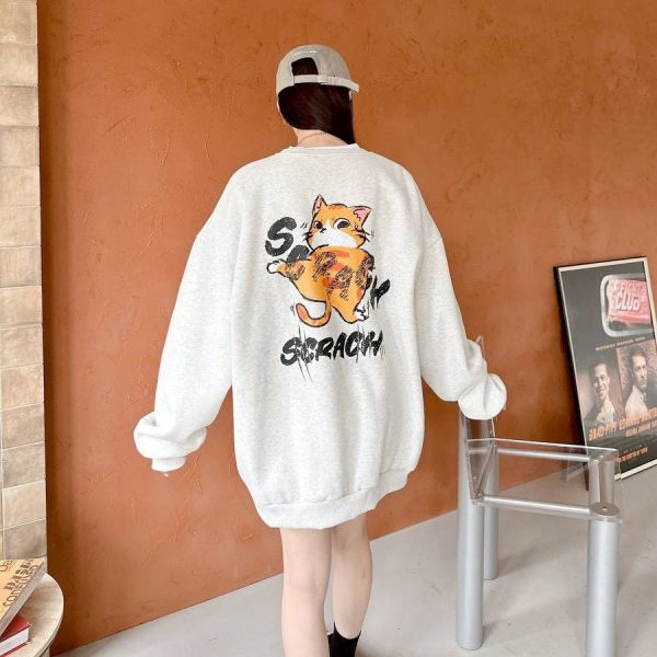 SCRACH插畫感貓咪刷毛大學Tee 