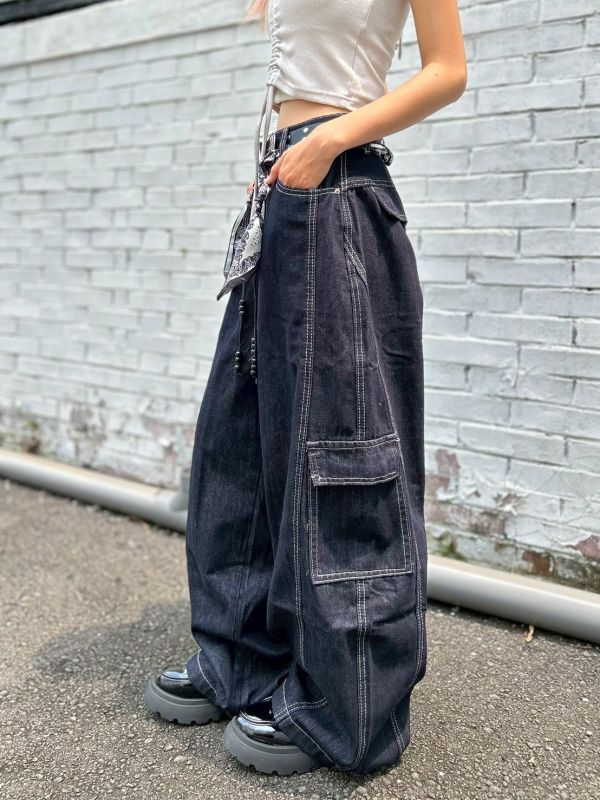 【現貨】附腰巾大口袋拼接繭型闊腿褲 