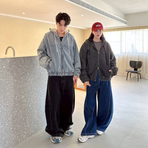 雙拉鍊羊羔毛鋪棉牛仔外套 