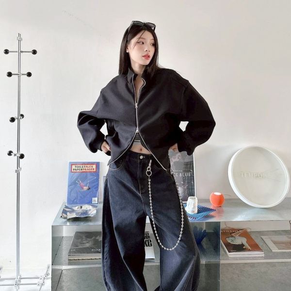 毛呢立領螺紋短版廓型外套 