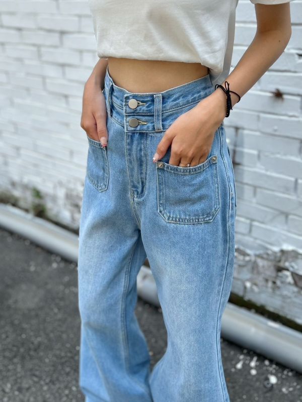 【現貨】雙釦口袋微喇叭落地寬褲 