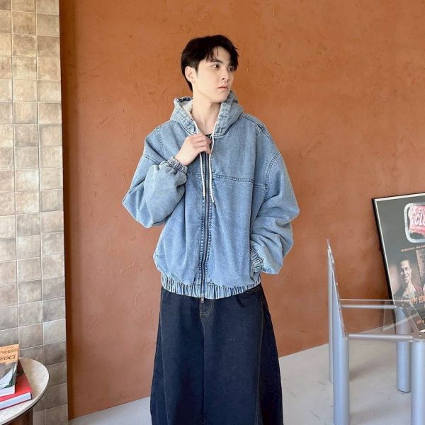 雙拉鍊羊羔毛鋪棉牛仔外套 