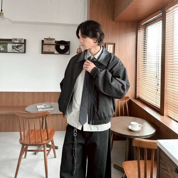 皮革領拼接鋪棉外套 