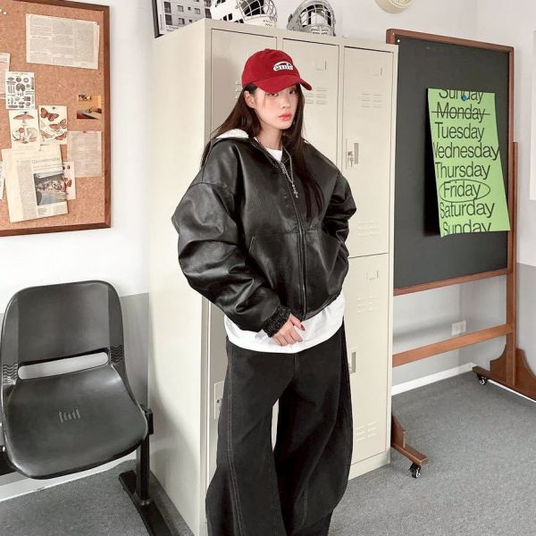 羊羔毛連帽皮外套 