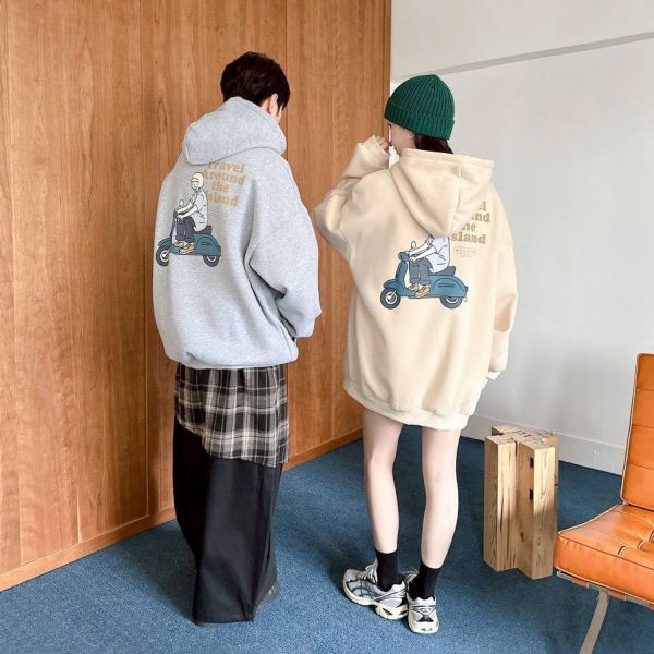 騎車男子印花刷毛帽Tee 