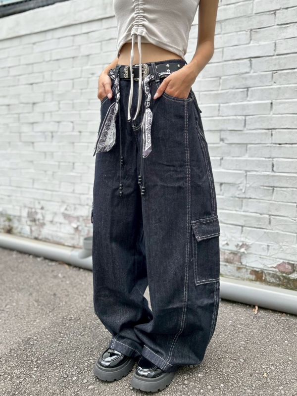 【現貨】附腰巾大口袋拼接繭型闊腿褲 