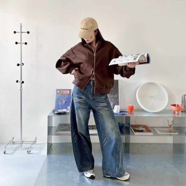 毛呢立領螺紋短版廓型外套 