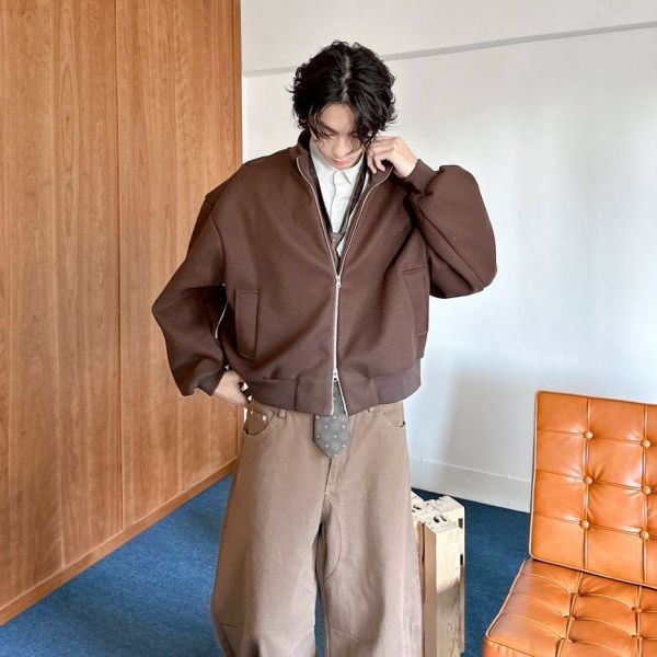 毛呢立領螺紋短版廓型外套 