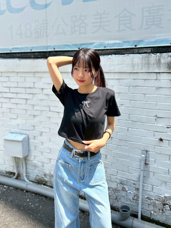 【現貨】胸前刺繡蝴蝶結短版上衣 