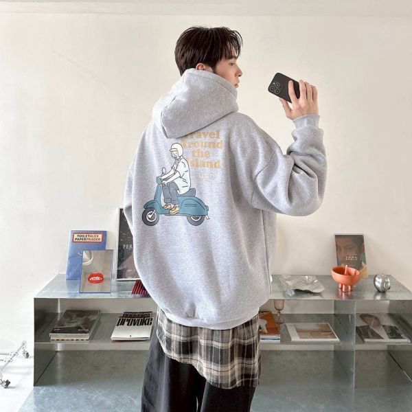 騎車男子印花刷毛帽Tee 