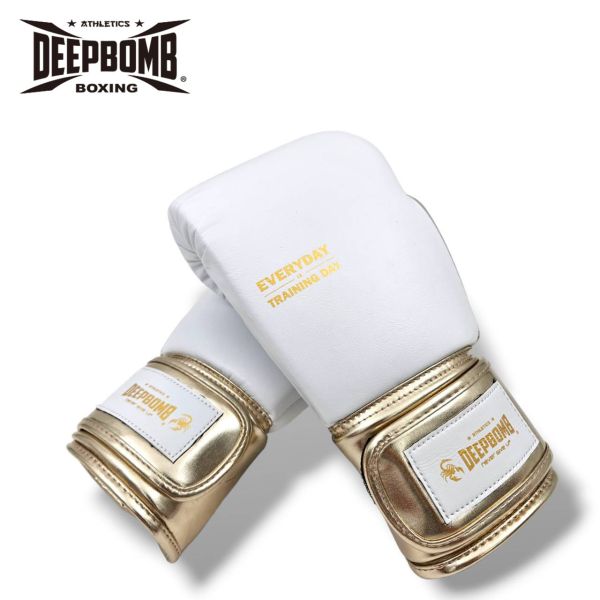 DEEPBOMB Hipster boxing gloves-white/gold DEEPBOMB Hipster Boxing Gloves, high-value boxing gloves, Muay Thai inspired gloves, handcrafted boxing gloves, odor-resistant boxing gloves, women’s boxing gloves, synthetic leather gloves, stylish b