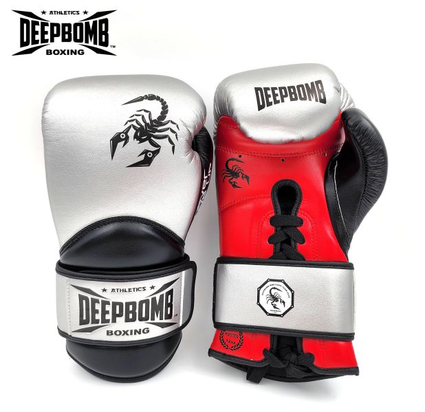 DEEPBOMB Master Boxing Gloves-silver/black/red DEEPBOMB Master, boxing gloves, professional athletes, training, competition, wrist reinforcement, shock-absorbing padding, synthetic leather, safety protection, durability