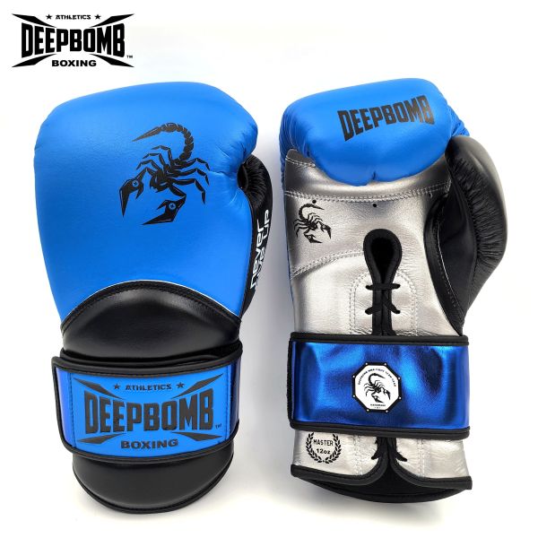 DEEPBOMB Master Boxing Gloves-blue/silver/black DEEPBOMB Master, boxing gloves, professional athletes, training, competition, wrist reinforcement, shock-absorbing padding, synthetic leather, safety protection, durability