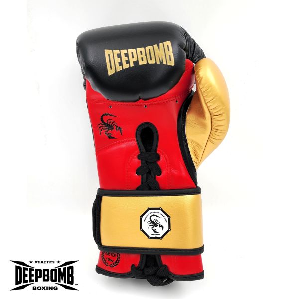 DEEPBOMB Master Boxing Gloves-black/gold/red DEEPBOMB Master, boxing gloves, professional athletes, training, competition, wrist reinforcement, shock-absorbing padding, synthetic leather, safety protection, durability