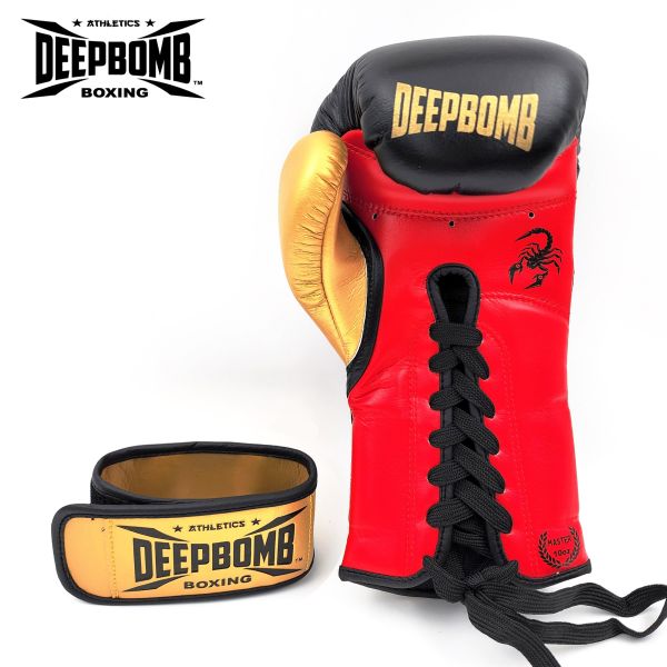 DEEPBOMB Master Boxing Gloves-black/gold/red DEEPBOMB Master, boxing gloves, professional athletes, training, competition, wrist reinforcement, shock-absorbing padding, synthetic leather, safety protection, durability