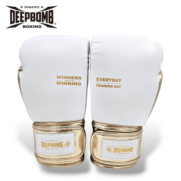 DEEPBOMB Hipster boxing gloves-white/gold DEEPBOMB Hipster Boxing Gloves, high-value boxing gloves, Muay Thai inspired gloves, handcrafted boxing gloves, odor-resistant boxing gloves, women’s boxing gloves, synthetic leather gloves, stylish b