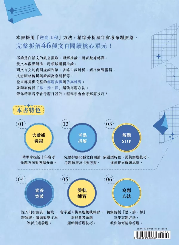 【會考閱讀題型考點全拆解】 會考閱讀題型考點全拆解,國中會考,素養閱讀,圖表,情境,跨領域,議題,雙文,文言文,考題拆解,題型,歷屆試題,螢火蟲出版社,