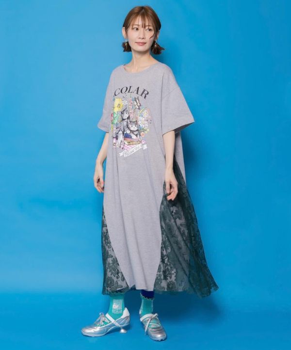 下午茶貓咪拼接蕾絲長版洋裝 