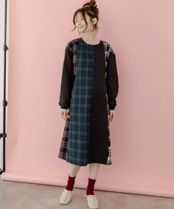 異材質拼接綁帶洋裝 