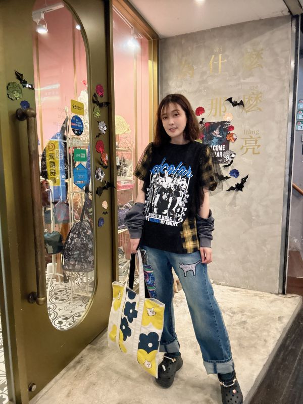 可拆袖-動物搖滾格子拼紗上衣 