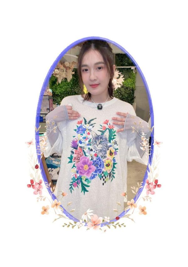 貓咪花朵假兩件上衣 