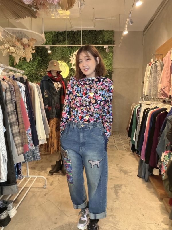 花豹貓拼接牛仔褲 