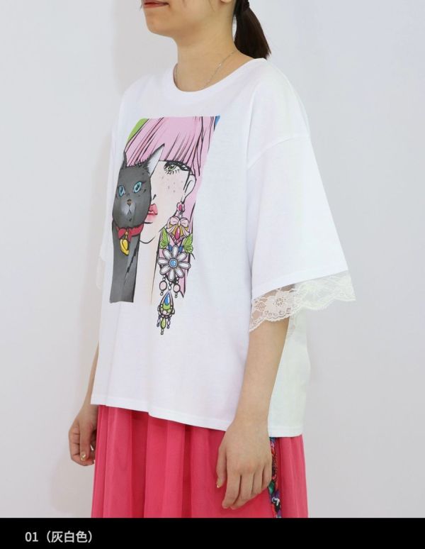 時間現象彩圖拼蕾絲上衣 