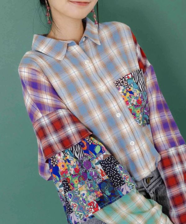 再生產-1月收到貨～格子拼接造型襯衫 