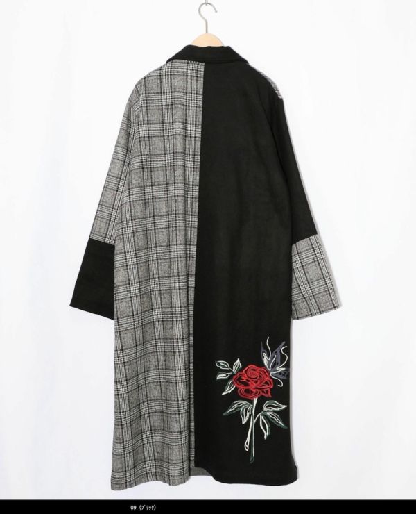 格子拼接花朵蕾絲長版大衣 