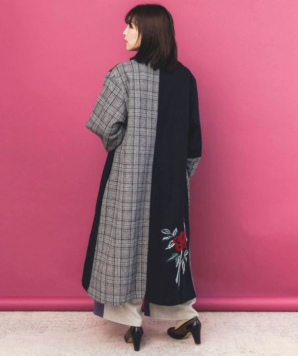 格子拼接花朵蕾絲長版大衣 