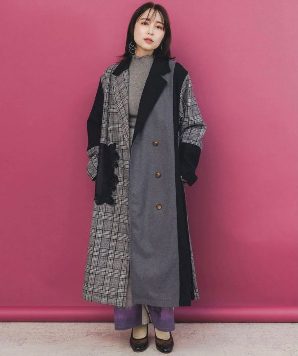 格子拼接花朵蕾絲長版大衣 