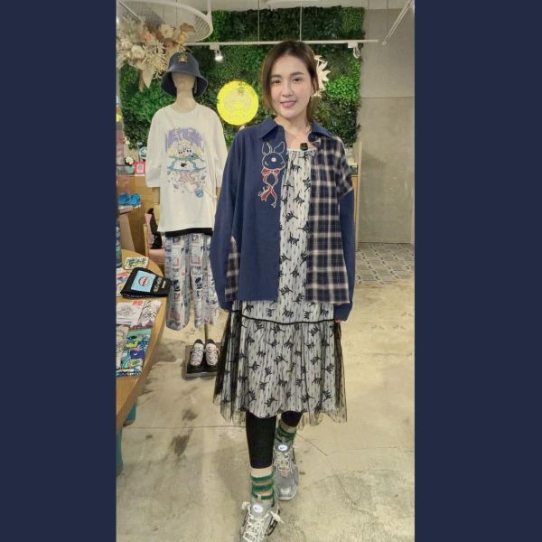 兔子刺繡格子拼接襯衫 