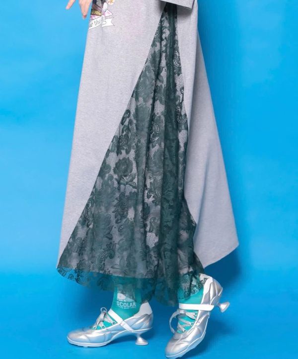 下午茶貓咪拼接蕾絲長版洋裝 