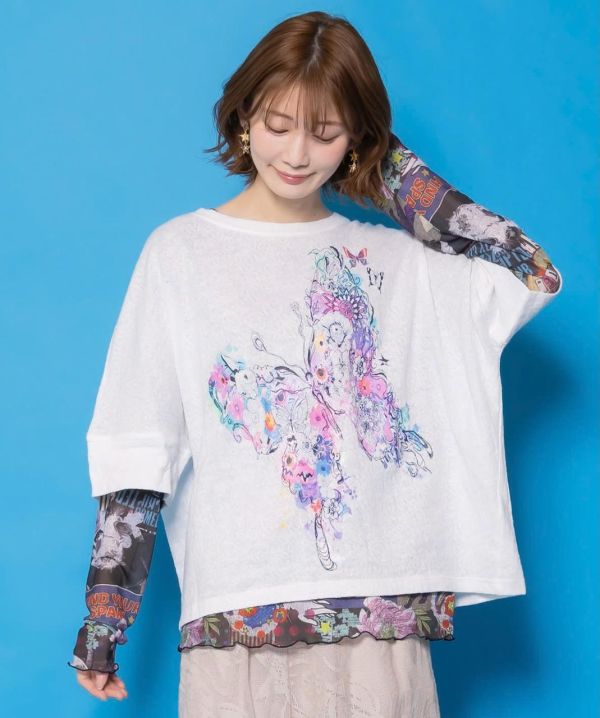 蕾絲布-花朵塗鴉蝴蝶上衣 