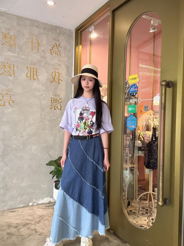 海浪紋路蝴蝶牛仔拼接裙 