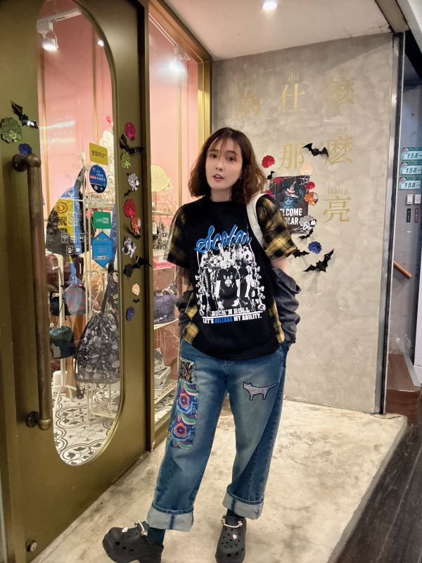 可拆袖-動物搖滾格子拼紗上衣 