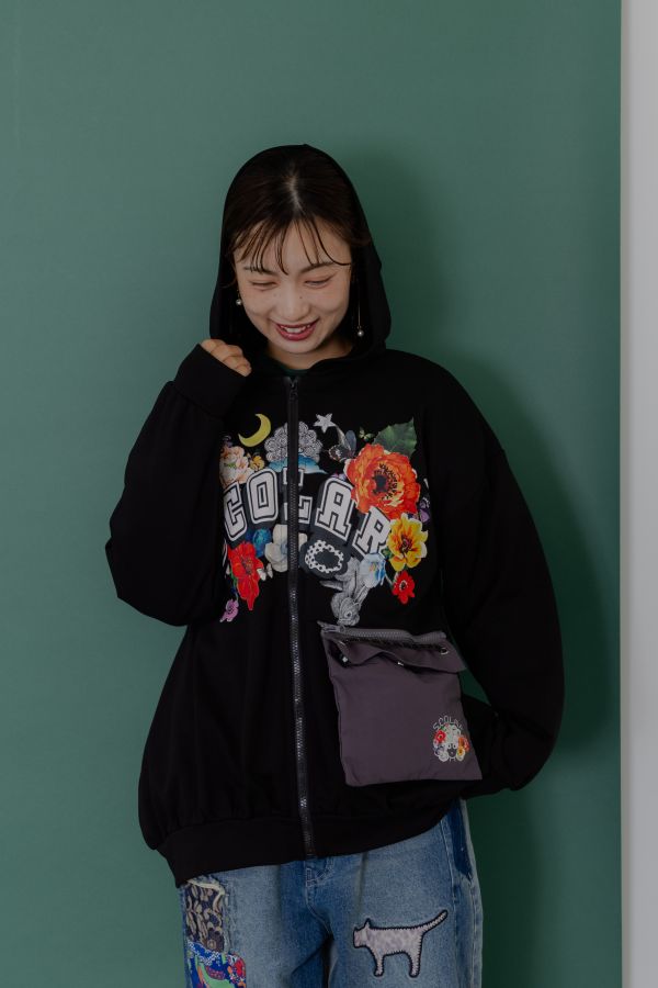 花朵塗鴉拉鏈袋子連帽外套 