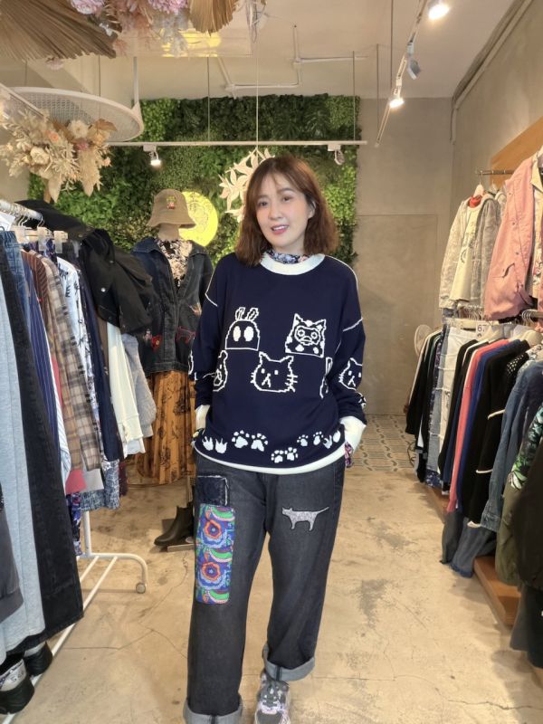 花豹貓拼接牛仔褲 