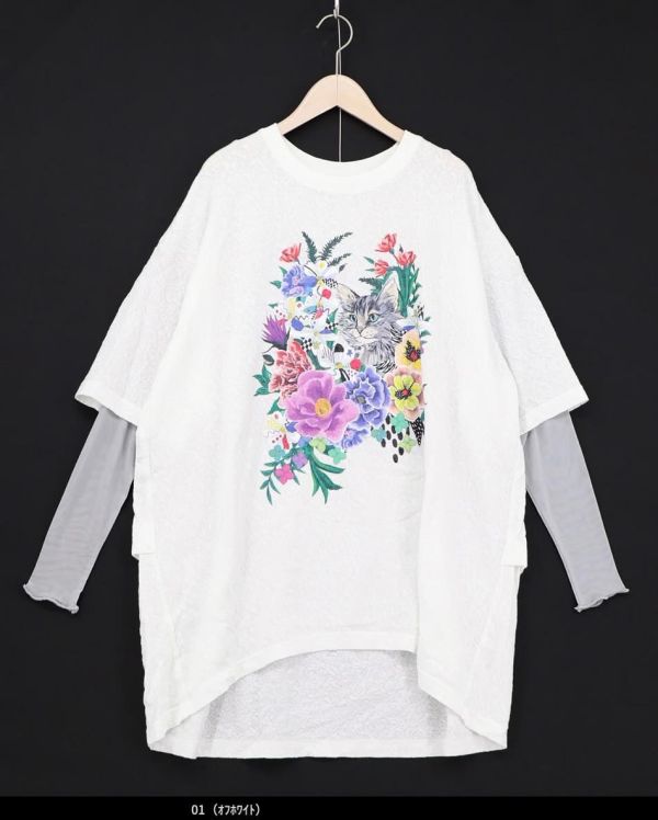 貓咪花朵假兩件上衣 